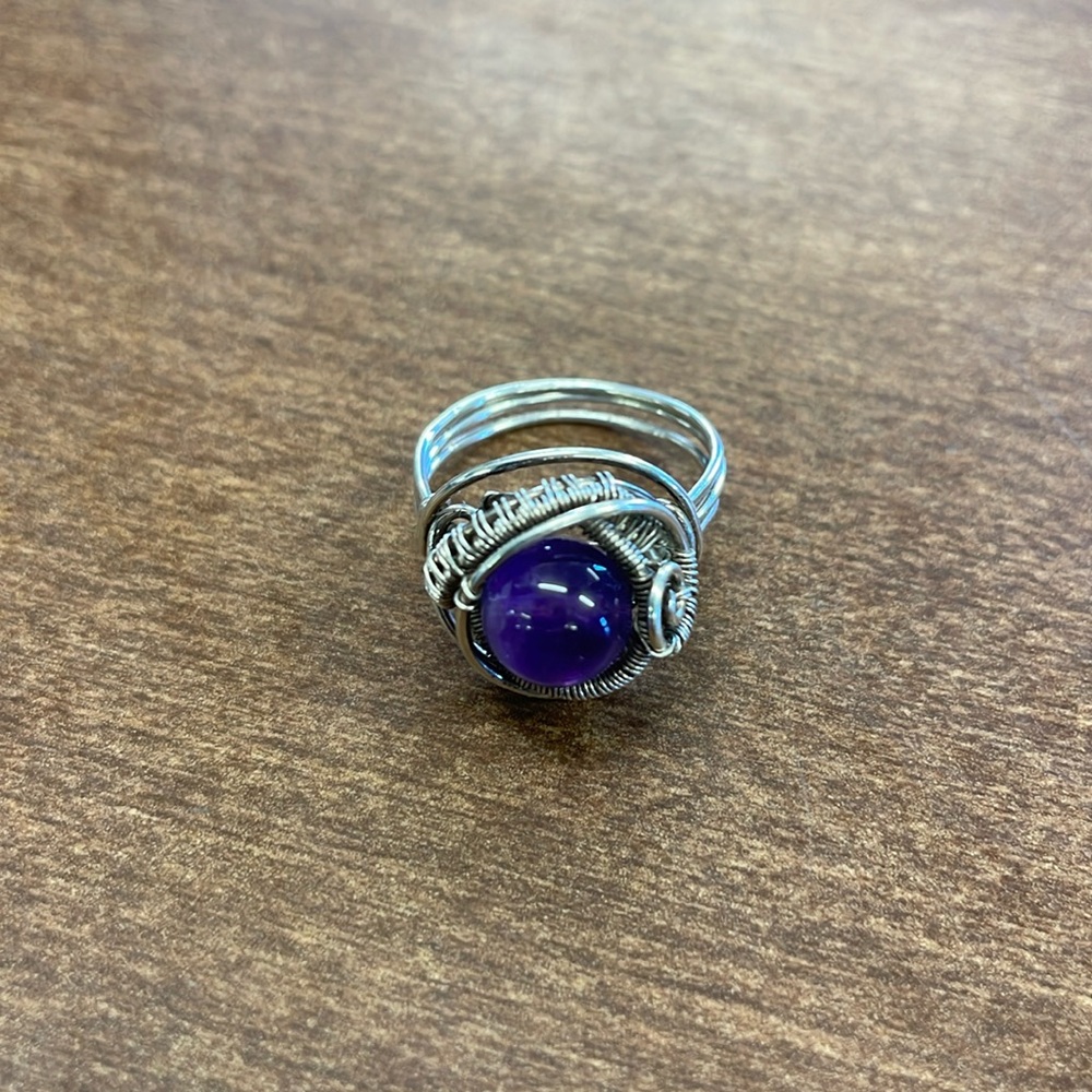 Silver wire wrapped genuine amethyst orb ring